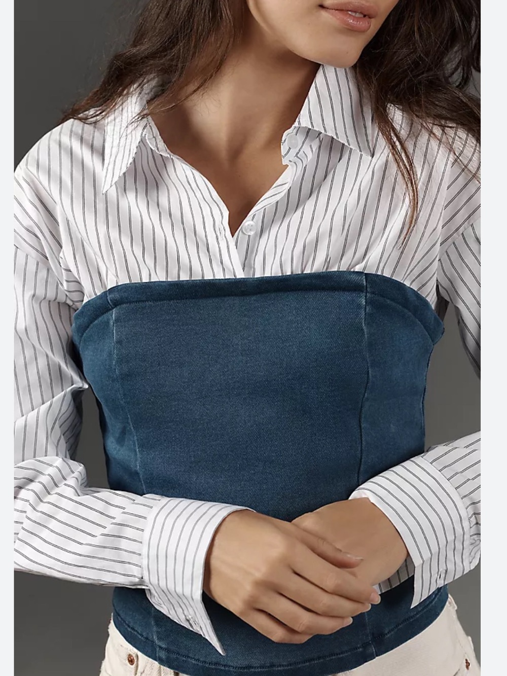 Anthropologie White Pinstripe Shirt with Blue Denim Bustier Overlay